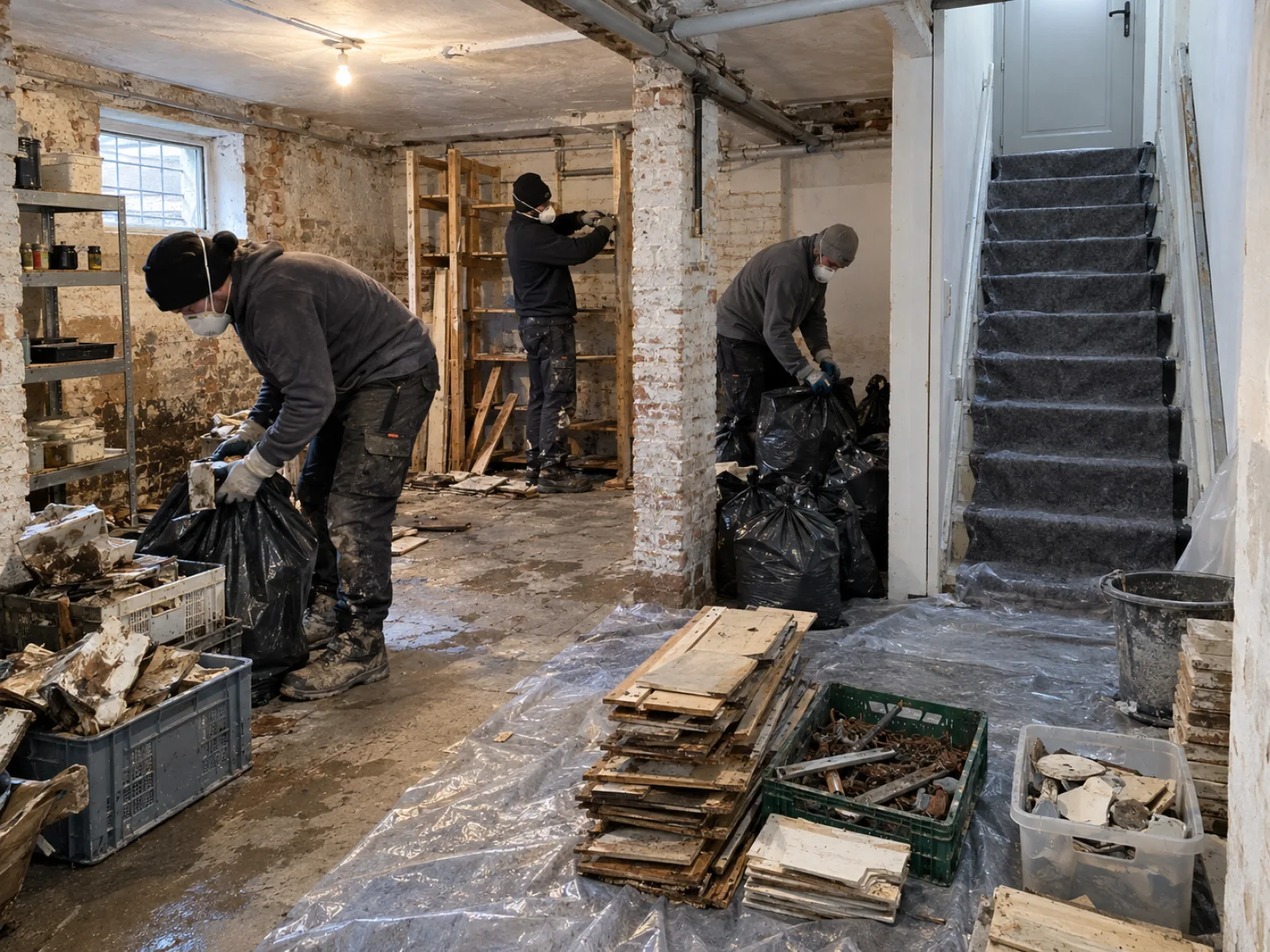 Tijdens de werken — Kelder en achterbouw leegmaken na wateroverlast in Aalst — AI-illustratie
