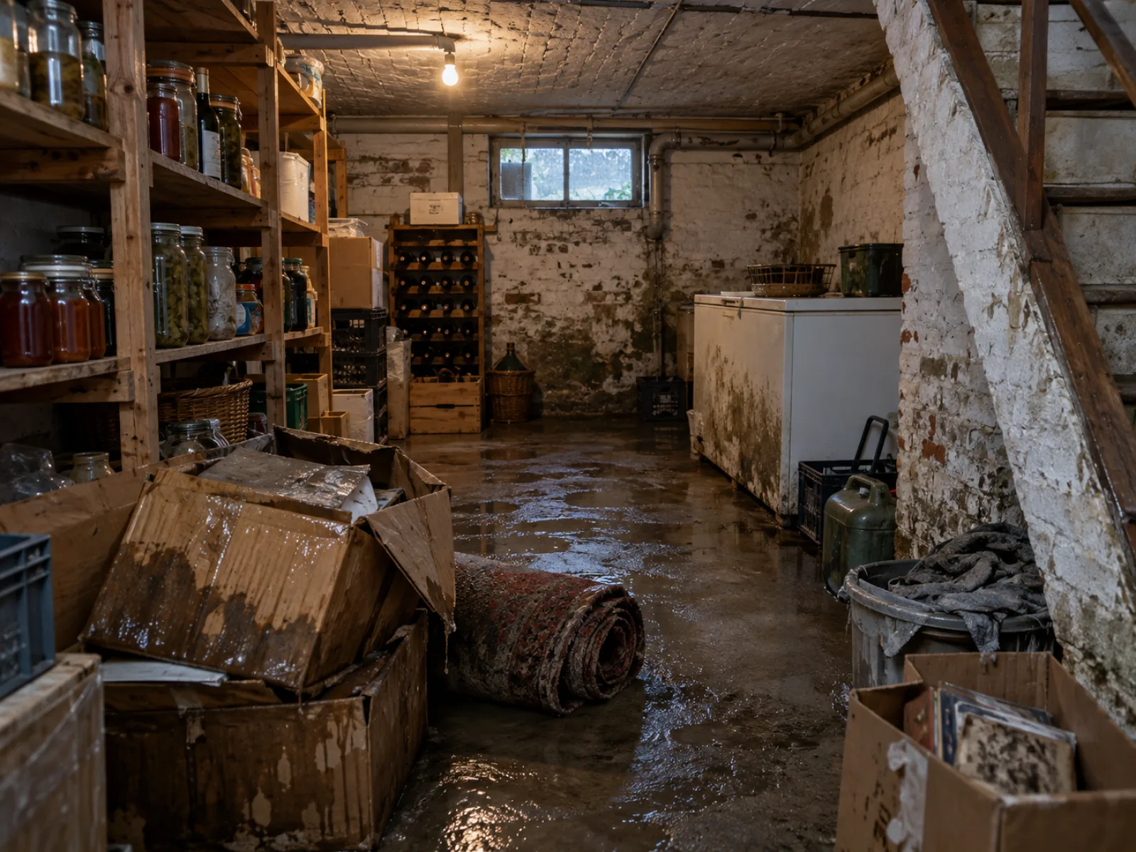 Voor de ontruiming — Kelder en achterbouw leegmaken na wateroverlast in Aalst — AI-illustratie