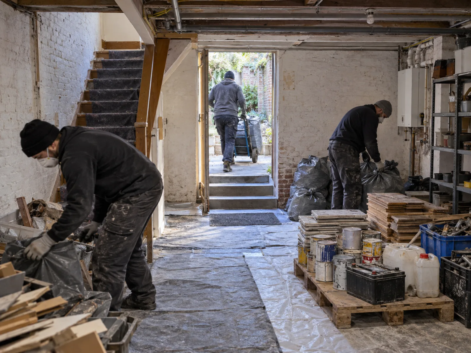 Tijdens de werken — Kelderverdieping onder straatniveau leegmaken in Aarschot — AI-illustratie