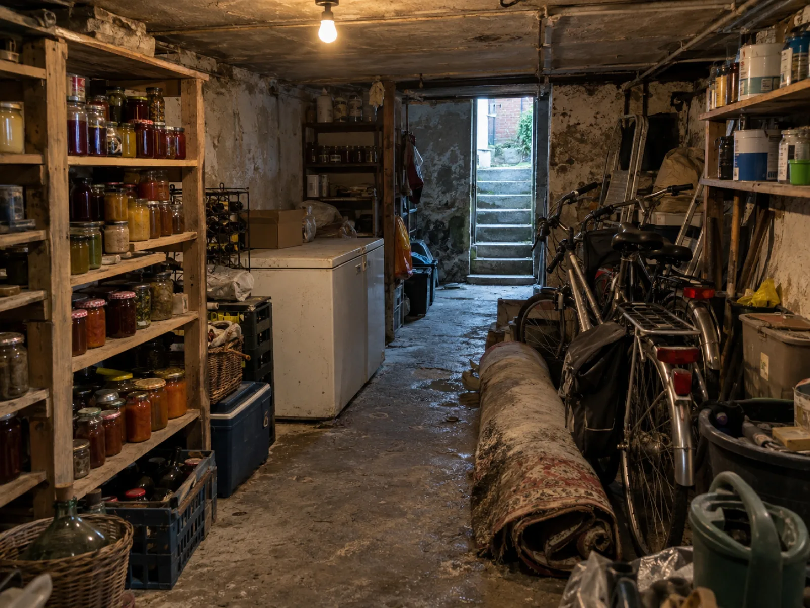 Voor de ontruiming — Kelderverdieping onder straatniveau leegmaken in Aarschot — AI-illustratie