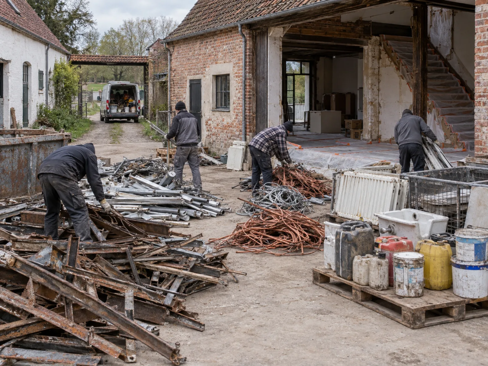 Tijdens de werken — Stallingen en tuinbergingen van een hoeve leegmaken in Neerpede — AI-illustratie