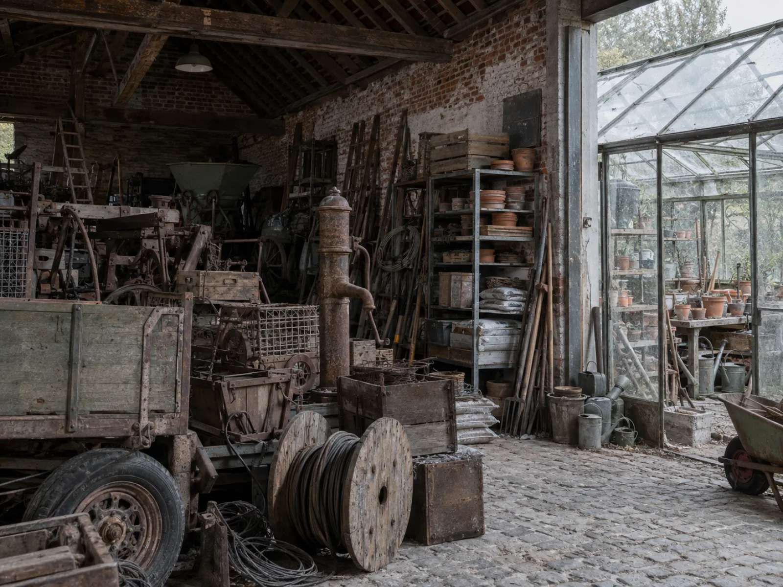 Voor de ontruiming — Stallingen en tuinbergingen van een hoeve leegmaken in Neerpede — AI-illustratie