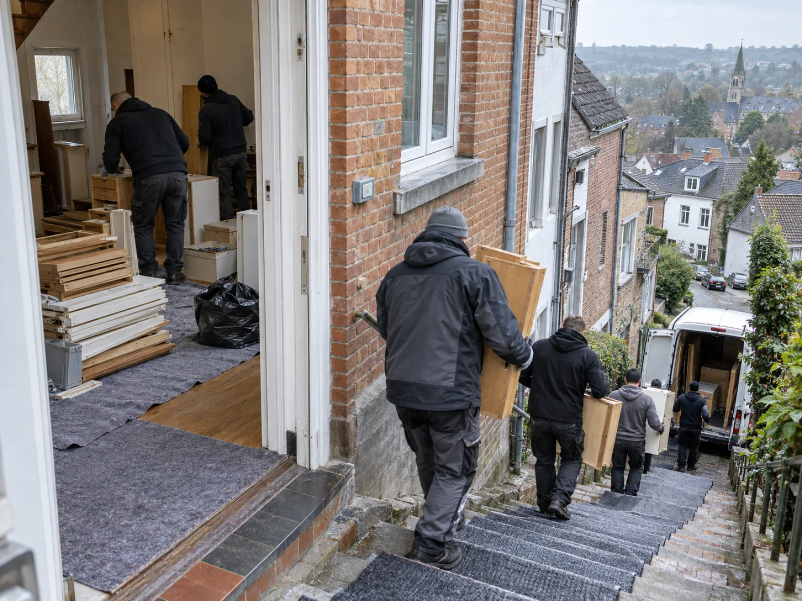 Tijdens de werken — Woning aan een trapstraat ontruimen in Beersel — AI-illustratie