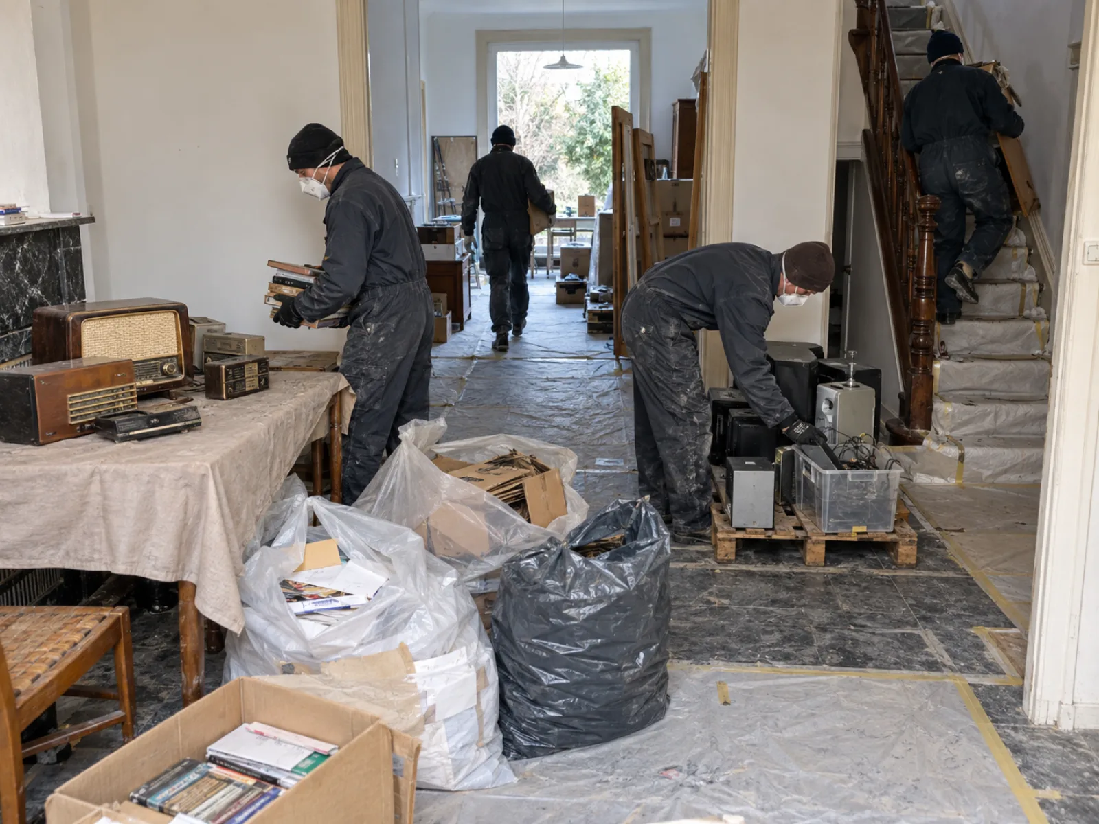 Tijdens de werken — Rijwoning met verzamelwoede opruimen in Sint-Agatha-Berchem — AI-illustratie