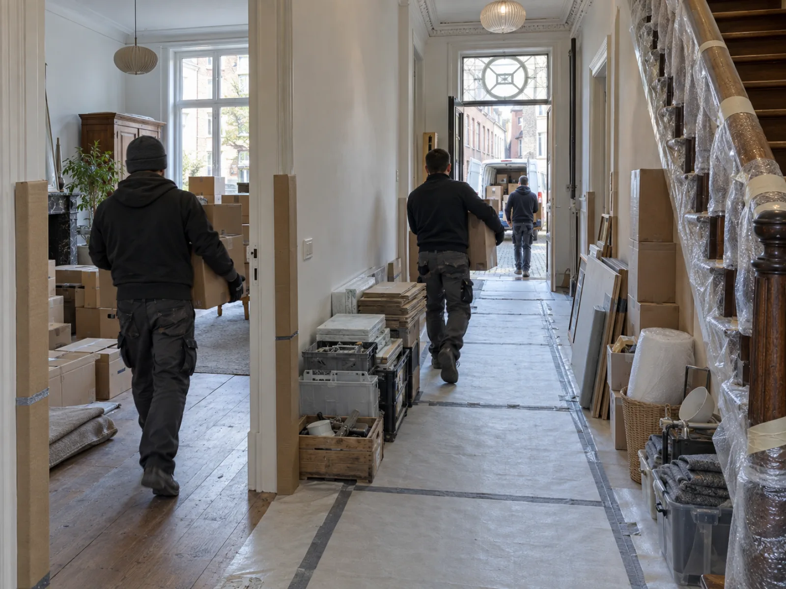 Tijdens de werken — Nalatenschap van een erfgoedwoning binnen de reien in Brugge — AI-illustratie