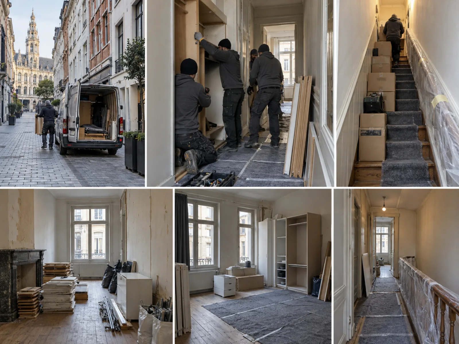 Tijdens de werken — Opgesplitst burgerhuis in het voetgangersgebied ontruimen in Brussel — AI-illustratie