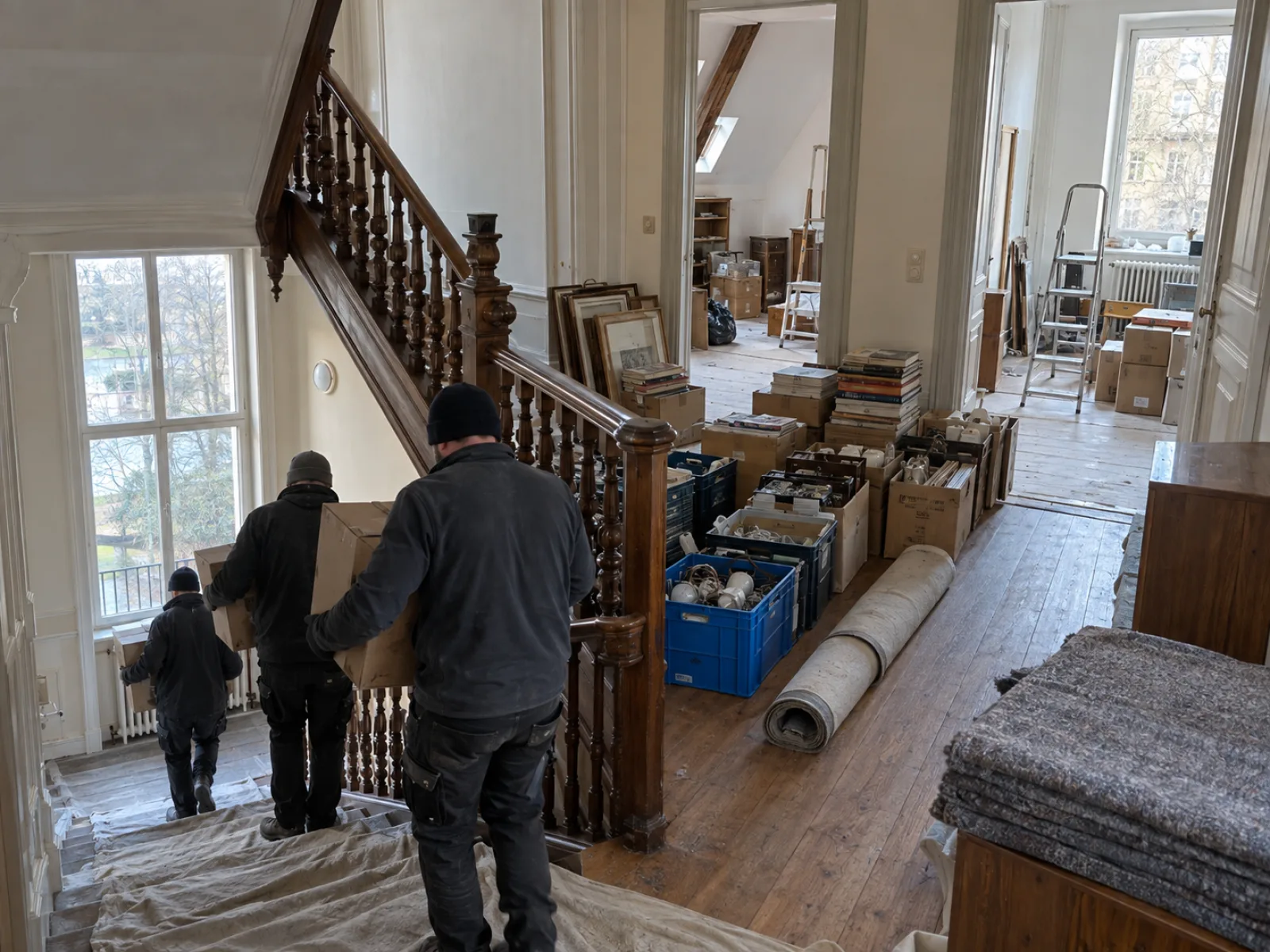 Tijdens de werken — Dienstbodekamers van een herenhuis aan de vijvers leegmaken in Elsene — AI-illustratie