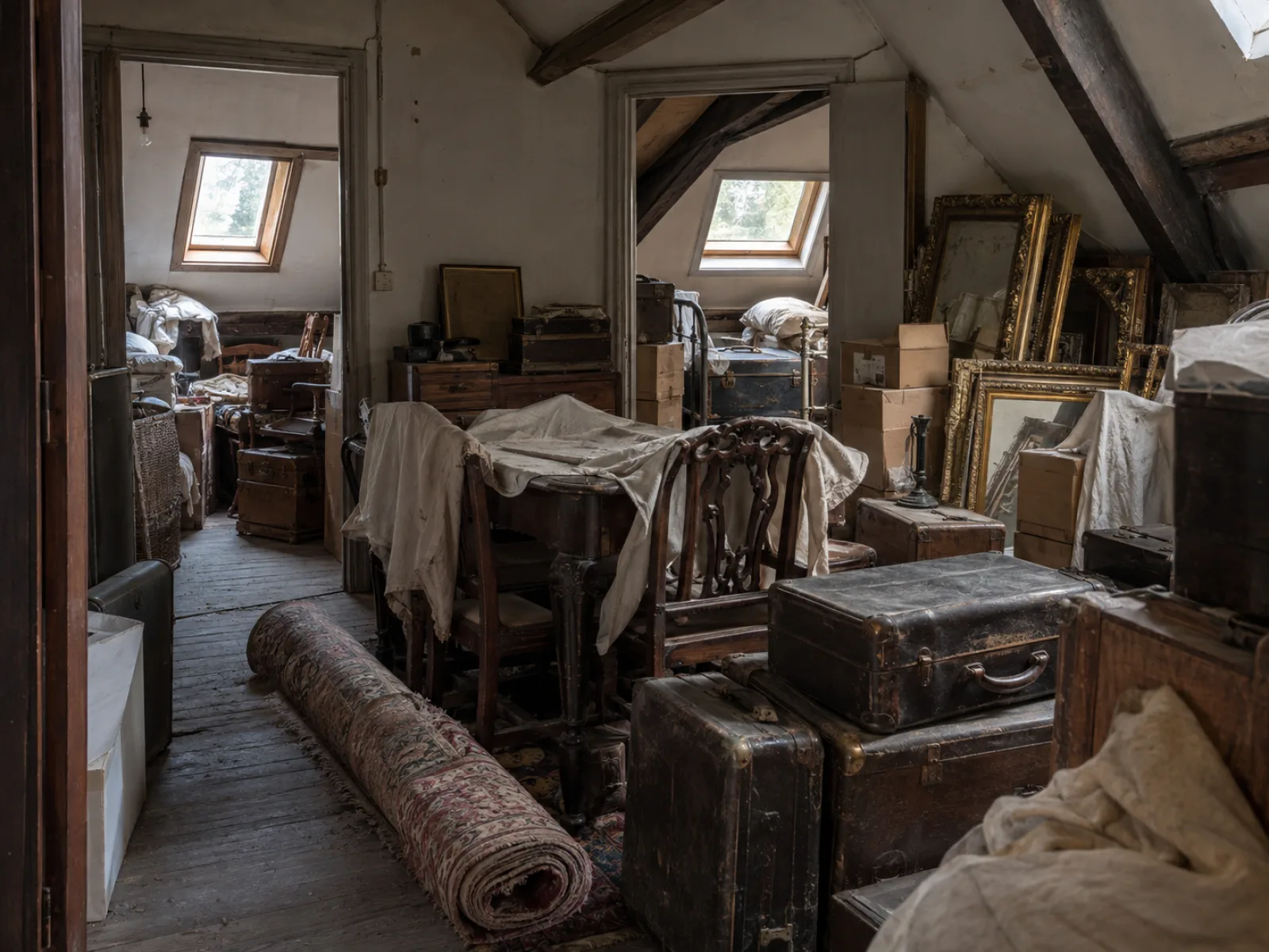 Voor de ontruiming — Dienstbodekamers van een herenhuis aan de vijvers leegmaken in Elsene — AI-illustratie
