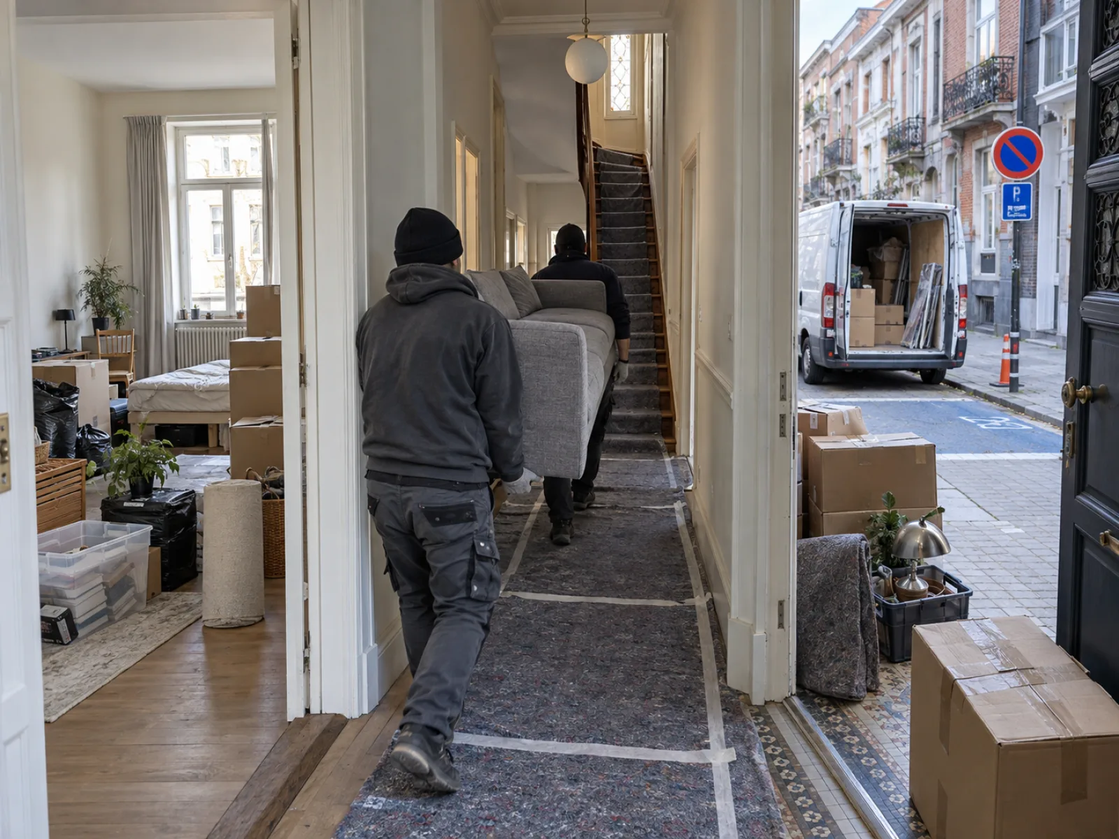 Tijdens de werken — Gemeubelde flat leegmaken tussen twee huurders in Etterbeek — AI-illustratie