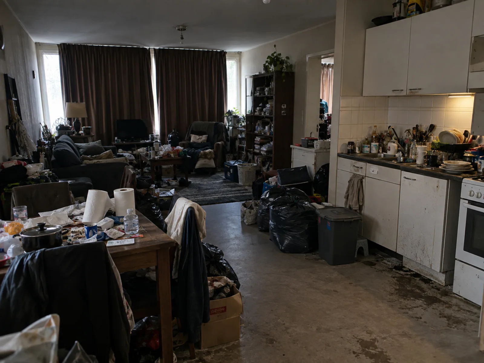 Voor de ontruiming — Sociale huurwoning opruimen vóór de plaatsbeschrijving in Evere — AI-illustratie
