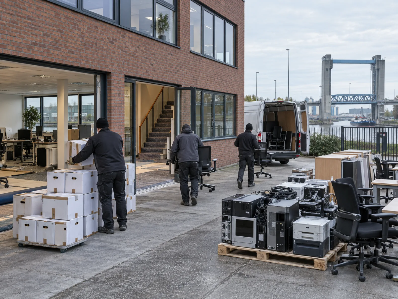 Tijdens de werken — Kantoorunit op een bedrijventerrein langs het kanaal ontruimen in Evergem — AI-illustratie