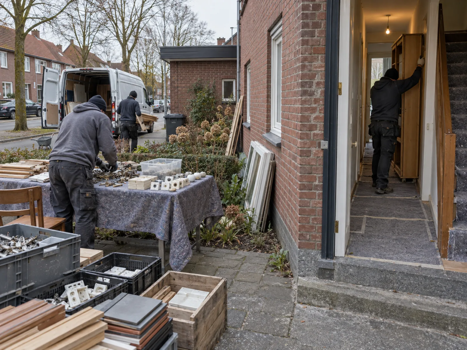 Tijdens de werken — Mijnwerkerswoning in de tuinwijk van Winterslag ontruimen — AI-illustratie
