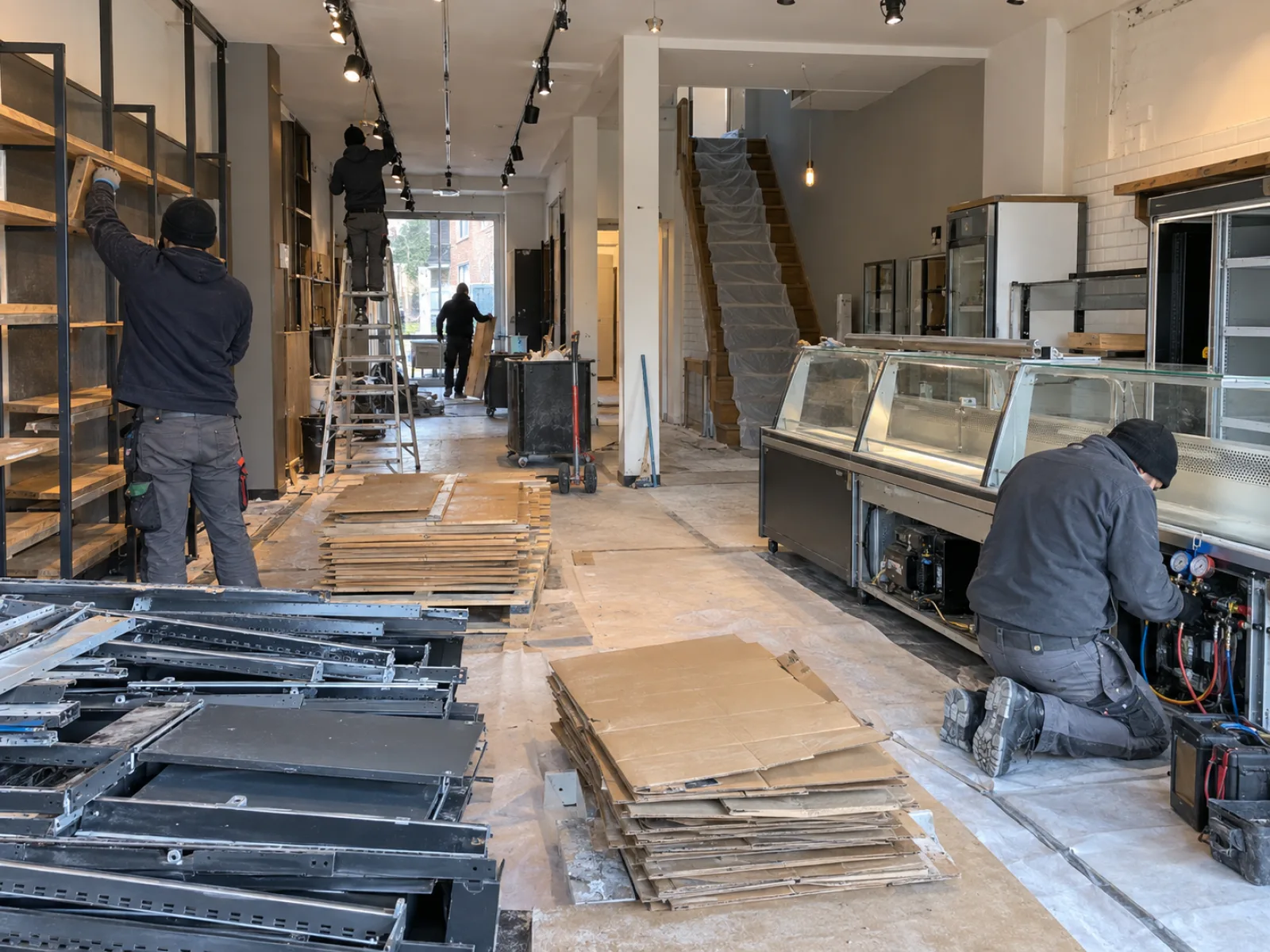 Tijdens de werken — Handelszaak met woonst erboven leegmaken in Hasselt — AI-illustratie