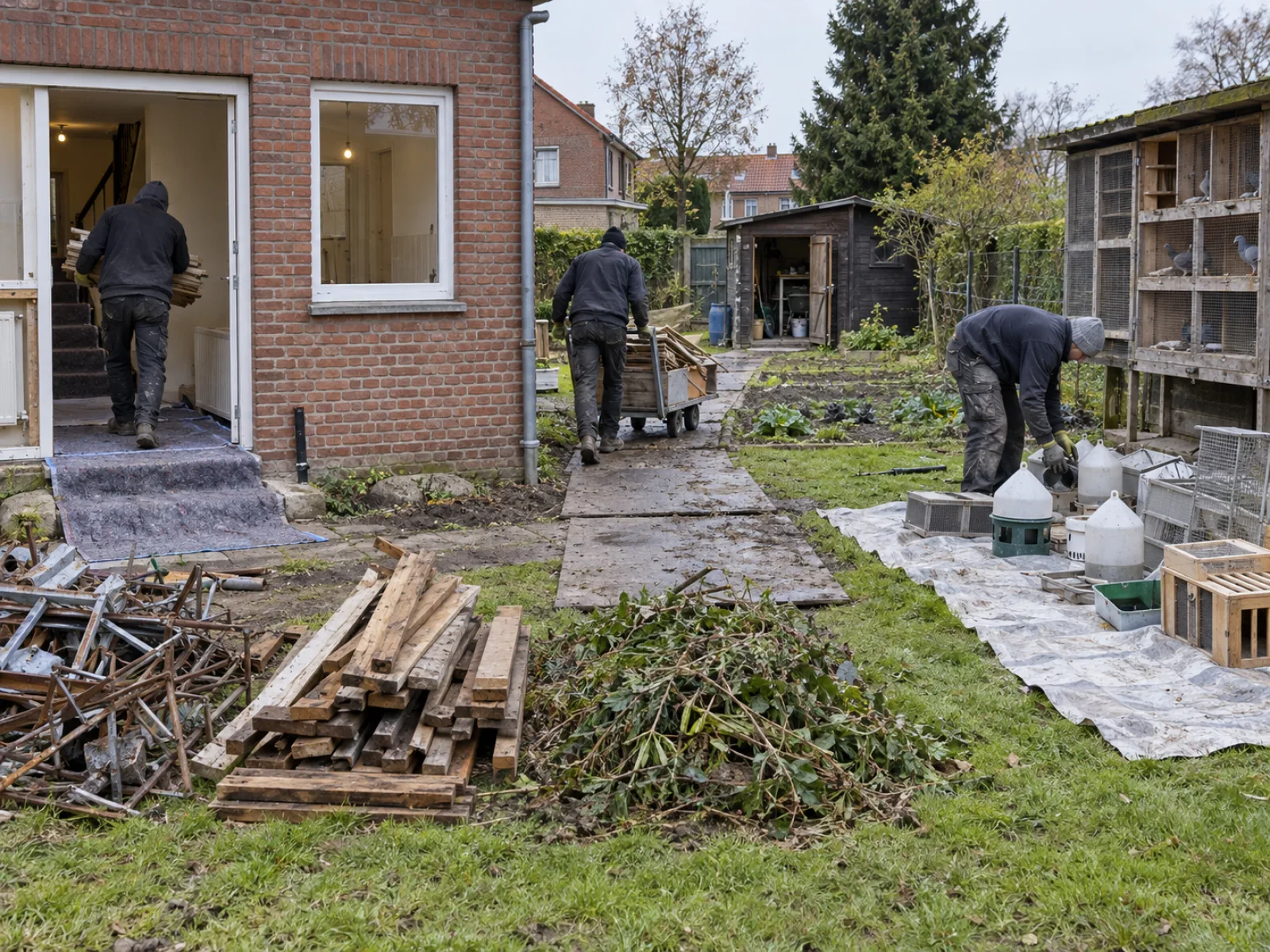 Tijdens de werken — Duivenhok en moestuinberging bij een cité-woning leegmaken in Heusden-Zolder — AI-illustratie