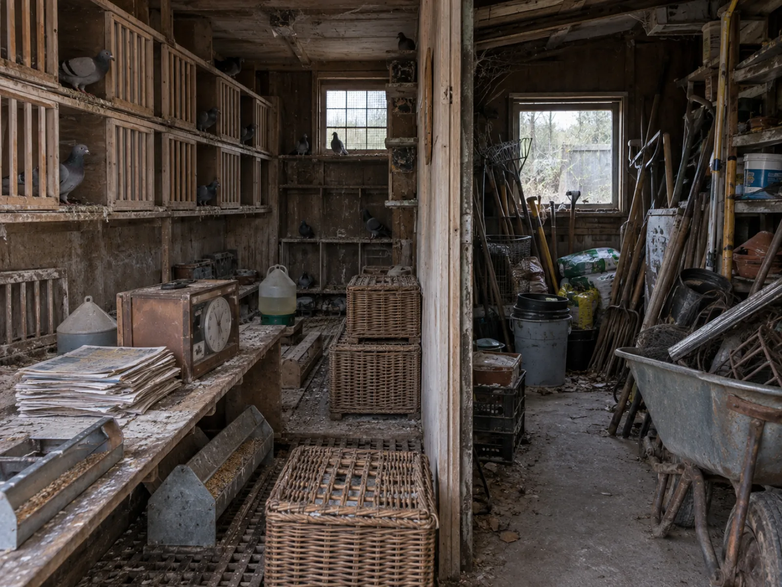 Voor de ontruiming — Duivenhok en moestuinberging bij een cité-woning leegmaken in Heusden-Zolder — AI-illustratie