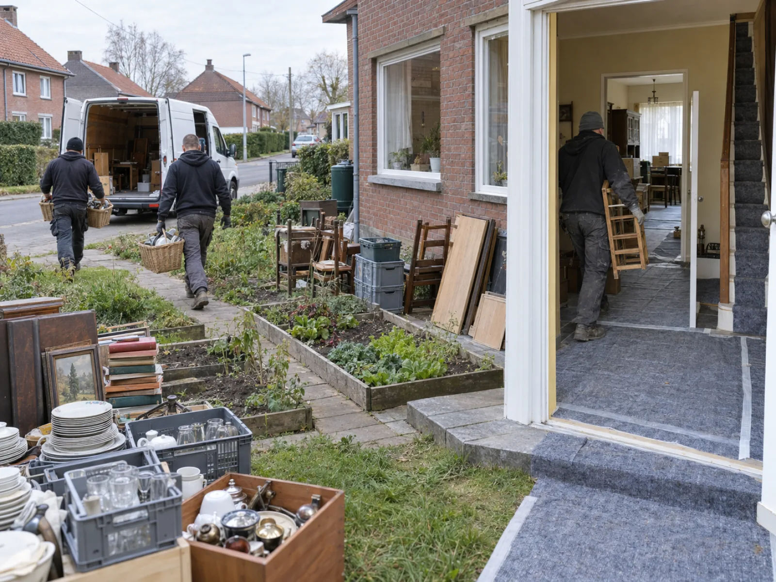Tijdens de werken — Cité-woning met duivenhok leegmaken in Houthalen — AI-illustratie