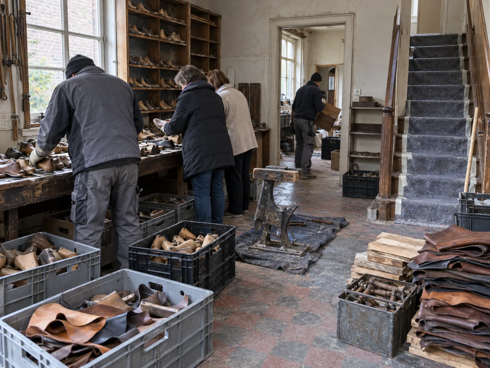 Tijdens de werken — Werkplaats van een schoenmakerij overnemen in Izegem — AI-illustratie