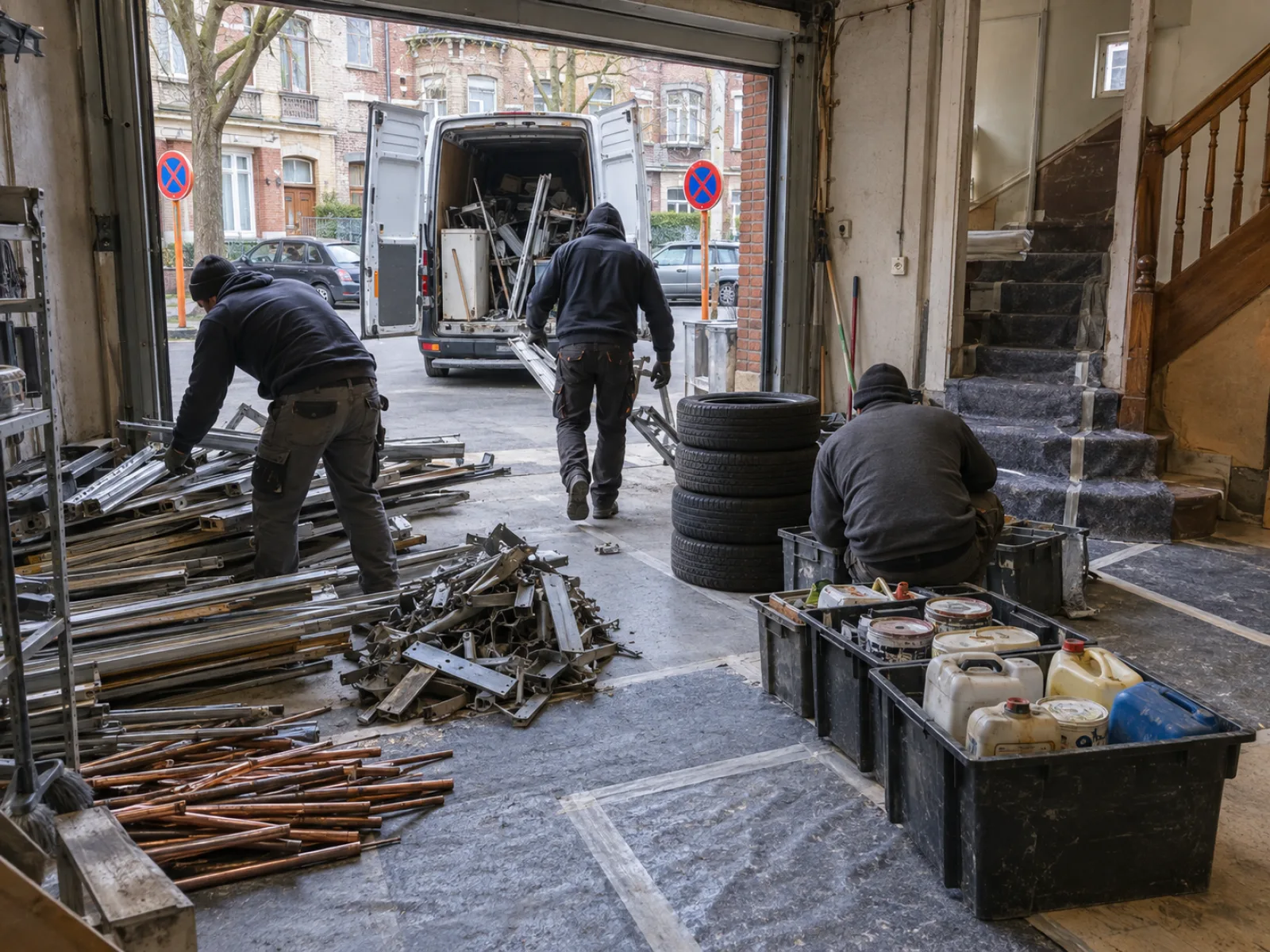 Tijdens de werken — Bel-etagewoning met garage onder de leefruimte ontruimen in Jette — AI-illustratie