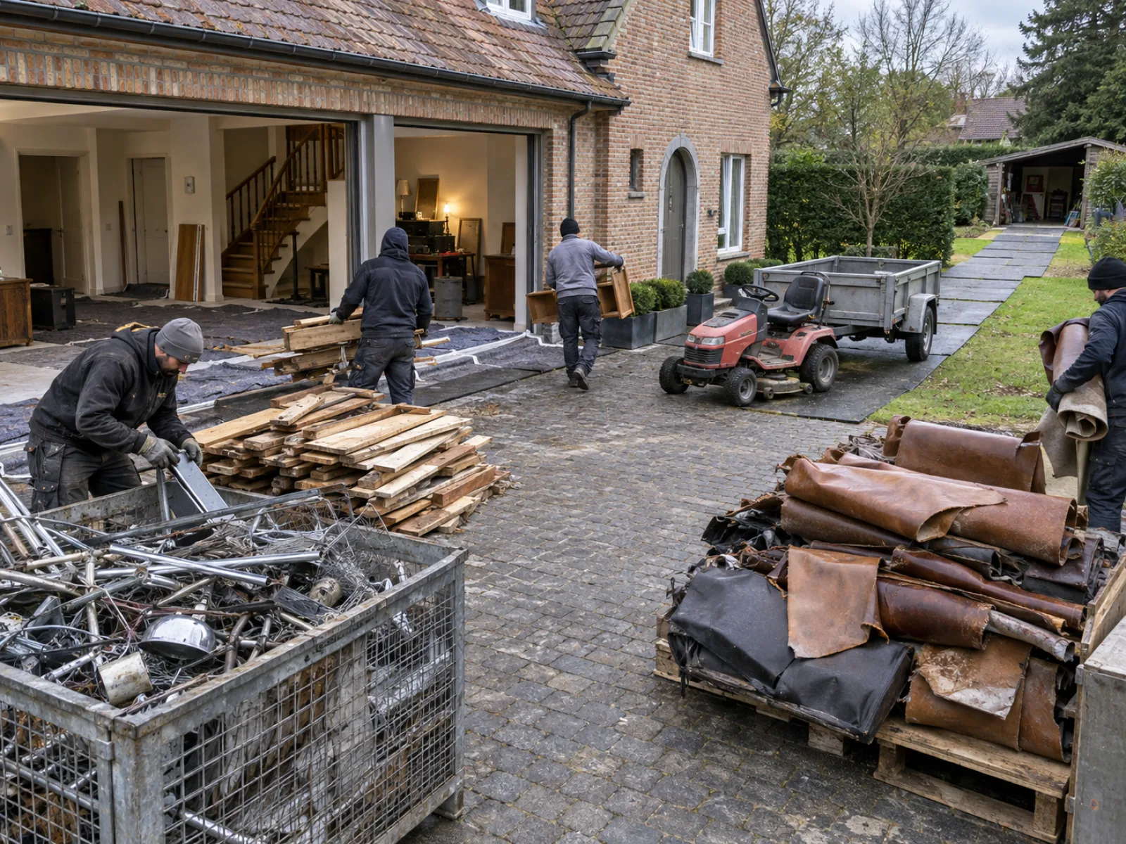 Tijdens de werken — Paardenstal en bijgebouwen leegmaken in Kapellen — AI-illustratie