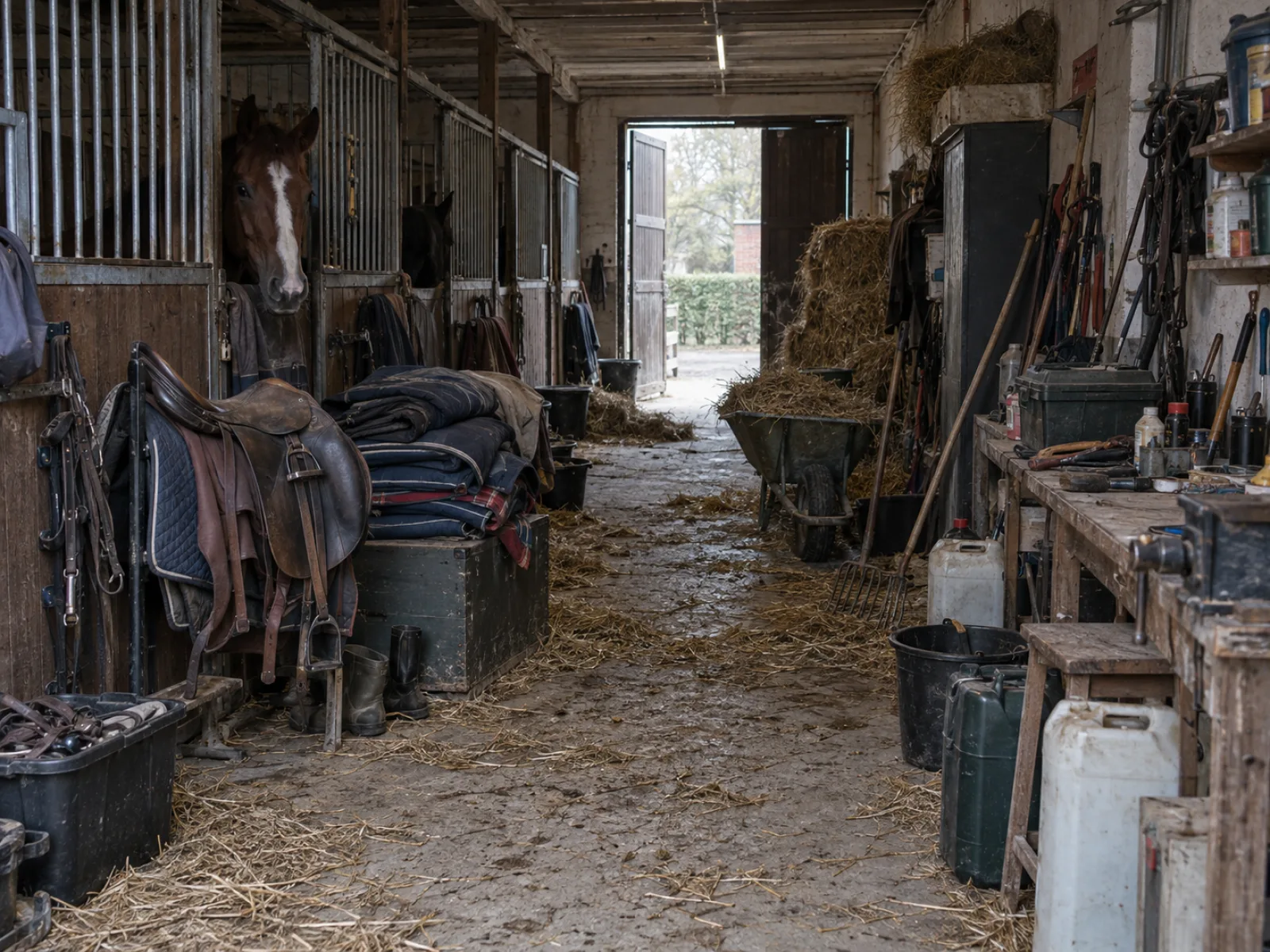 Voor de ontruiming — Paardenstal en bijgebouwen leegmaken in Kapellen — AI-illustratie