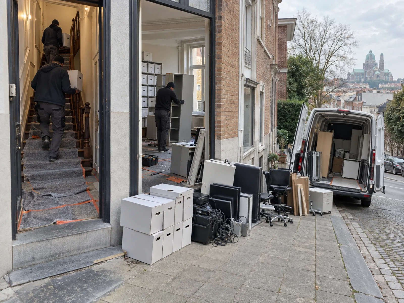 Tijdens de werken — Kantoorruimte in een herenhuis op een helling ontruimen in Koekelberg — AI-illustratie
