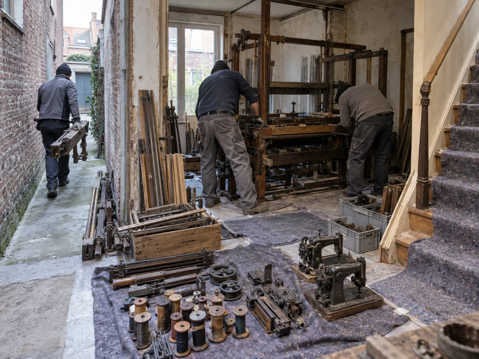 Tijdens de werken — Achterbouw en zolder van een textielwoning leegmaken in Kortrijk — AI-illustratie