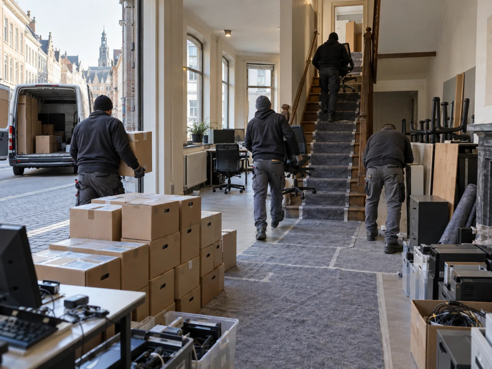 Tijdens de werken — Kantoorruimte boven een handelspand ontruimen in Leuven — AI-illustratie