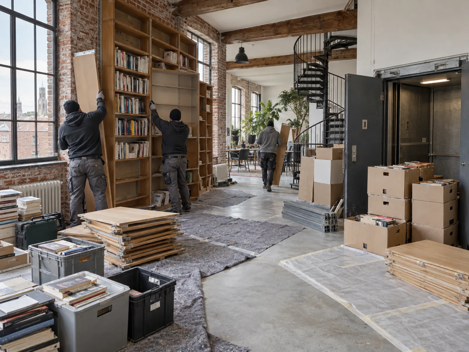 Tijdens de werken — Loft in een omgebouwd pakhuis ontruimen in Mechelen — AI-illustratie
