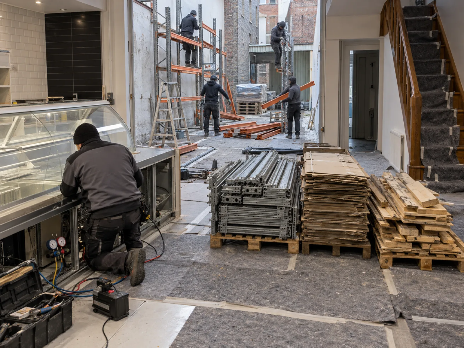 Tijdens de werken — Grenswinkel met magazijn leegmaken na stopzetting in Menen — AI-illustratie
