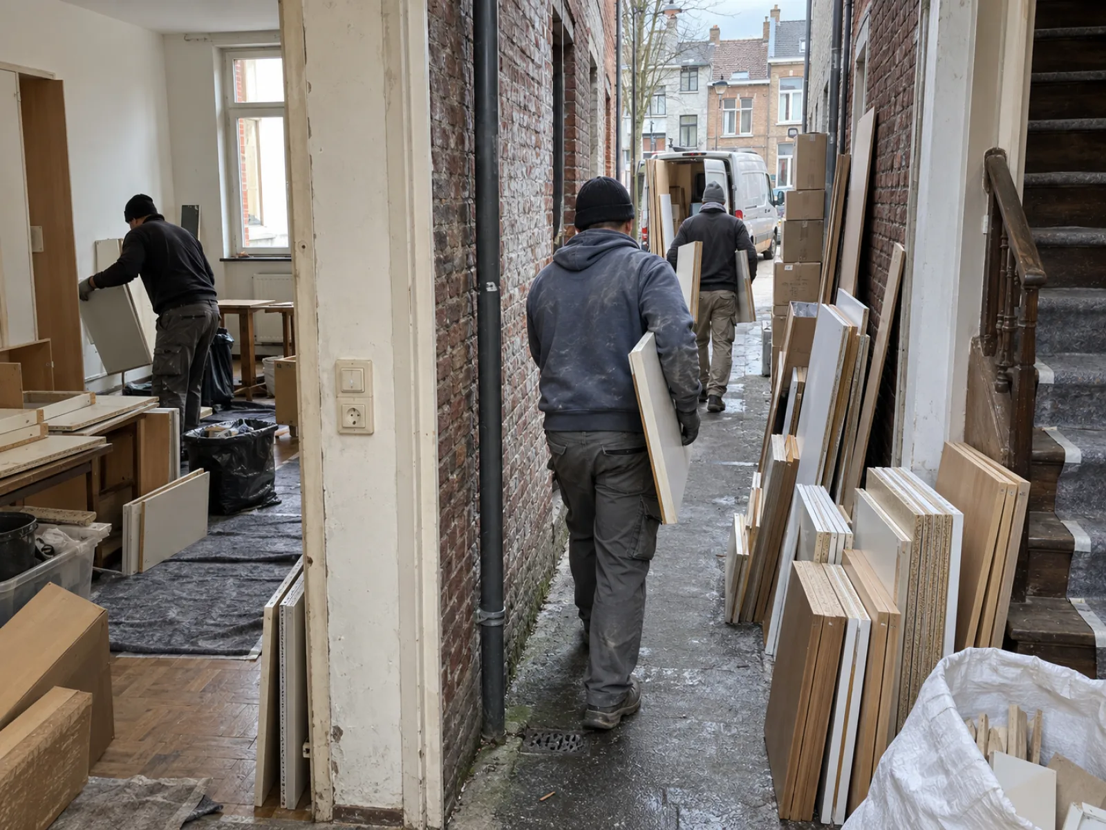 Tijdens de werken — Arbeiderswoning in een impasse ontruimen in Molenbeek — AI-illustratie