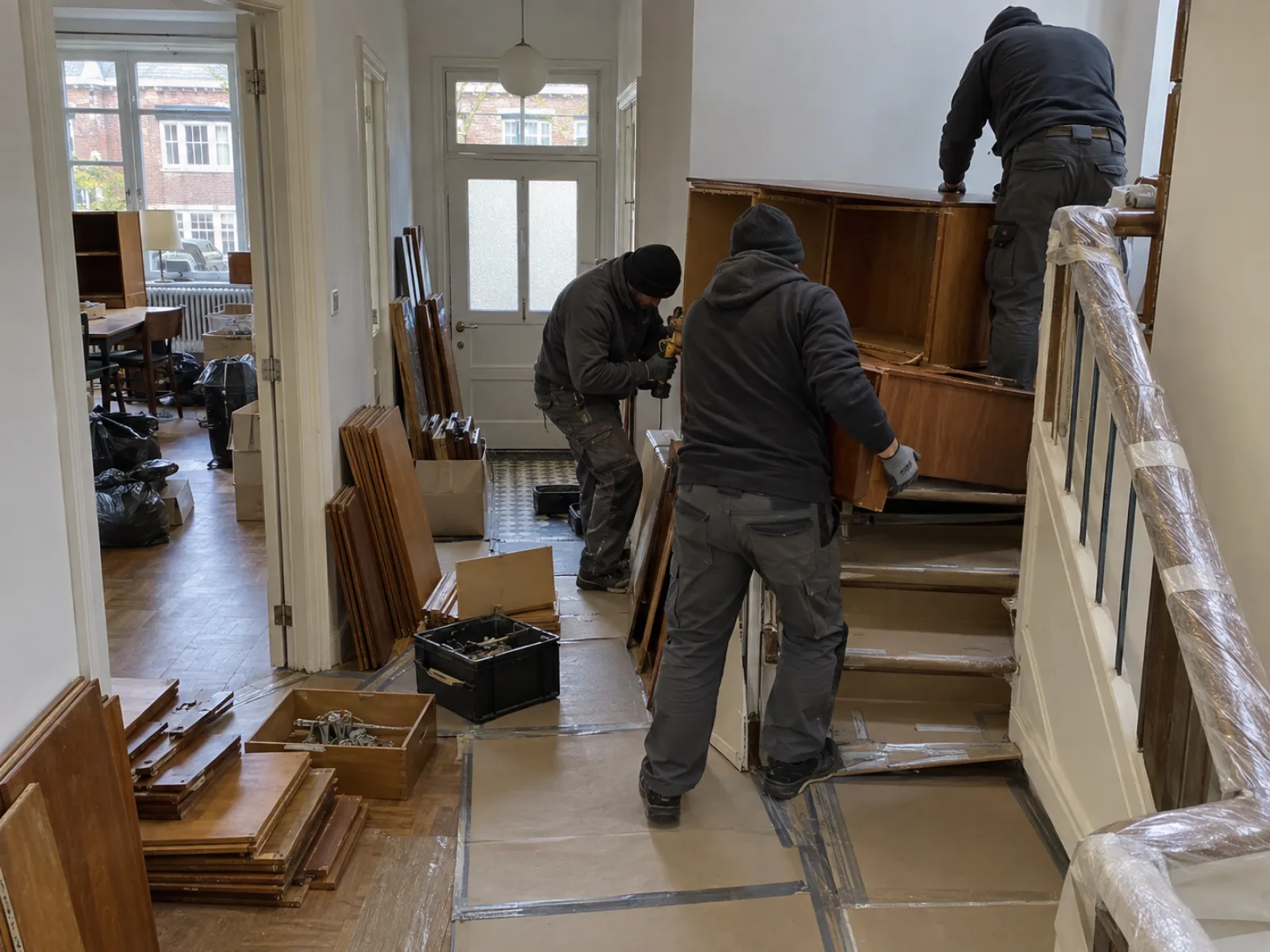 Tijdens de werken — Appartement uit de wederopbouw ontruimen in Mortsel — AI-illustratie