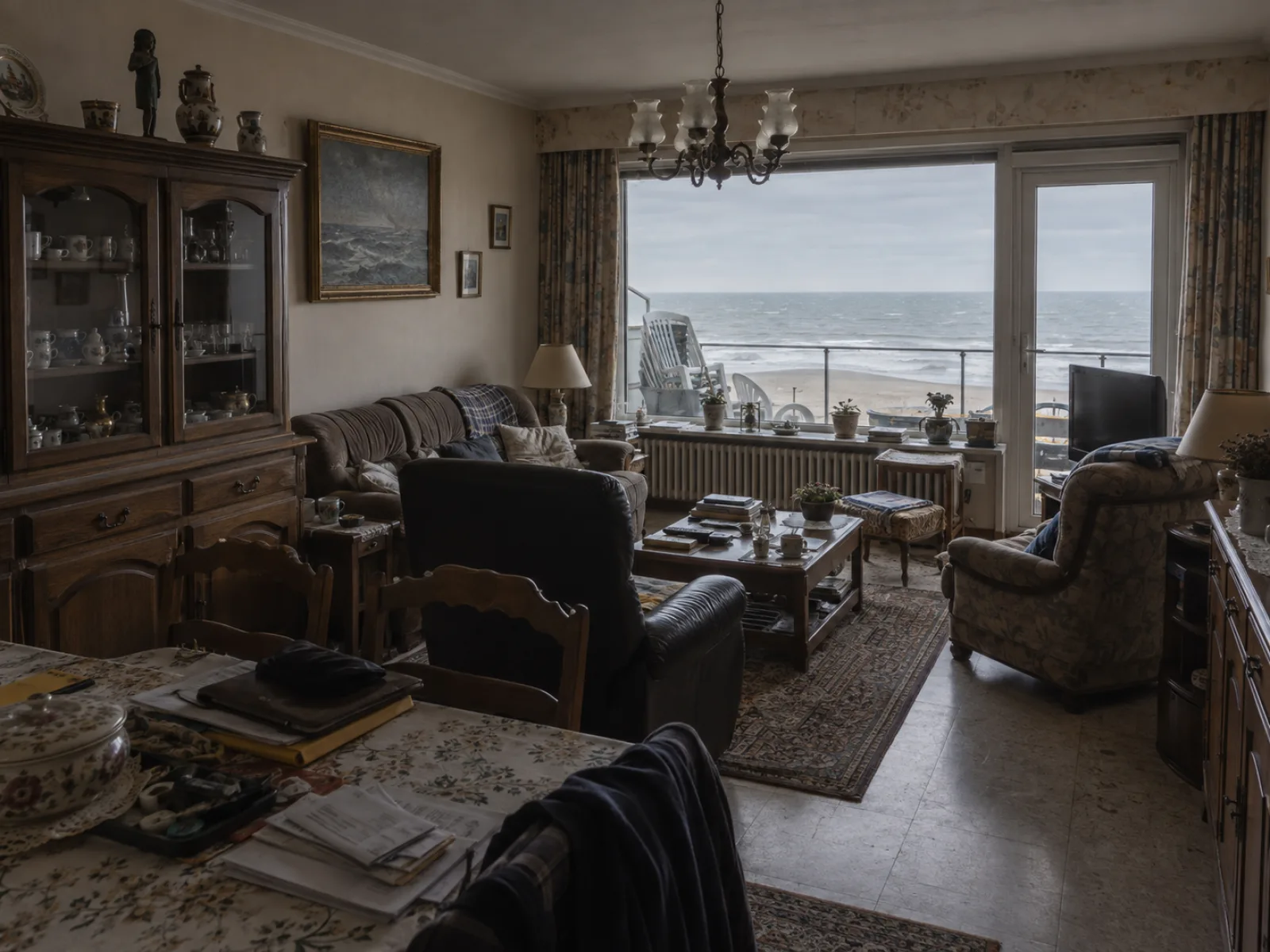 Voor de ontruiming — Tweede verblijf aan de zeedijk ontruimen in Oostende — AI-illustratie