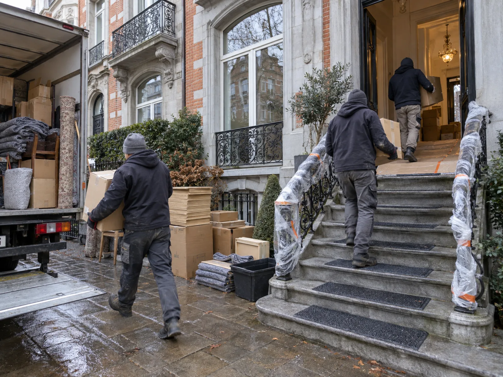 Tijdens de werken — Bel-etage en souterrain van een opgesplitst herenhuis in Schaarbeek — AI-illustratie