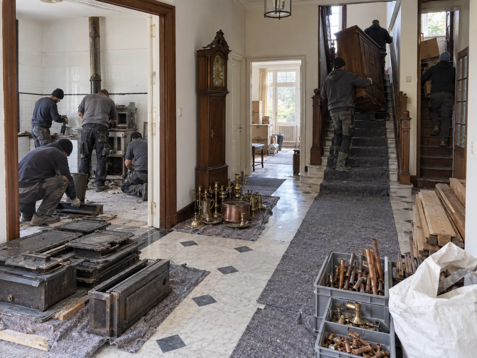 Tijdens de werken — Nalatenschap van een interbellumvilla met souterrainkeuken in Schoten — AI-illustratie