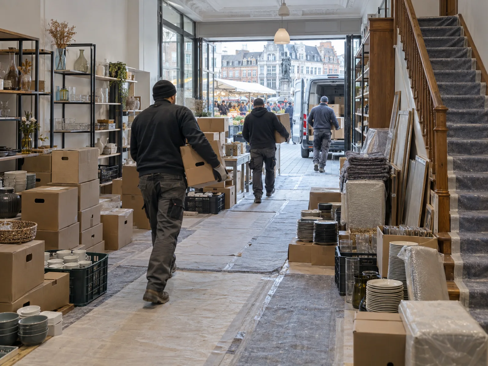 Tijdens de werken — Woonst boven een winkel ontruimen in Sint-Niklaas — AI-illustratie