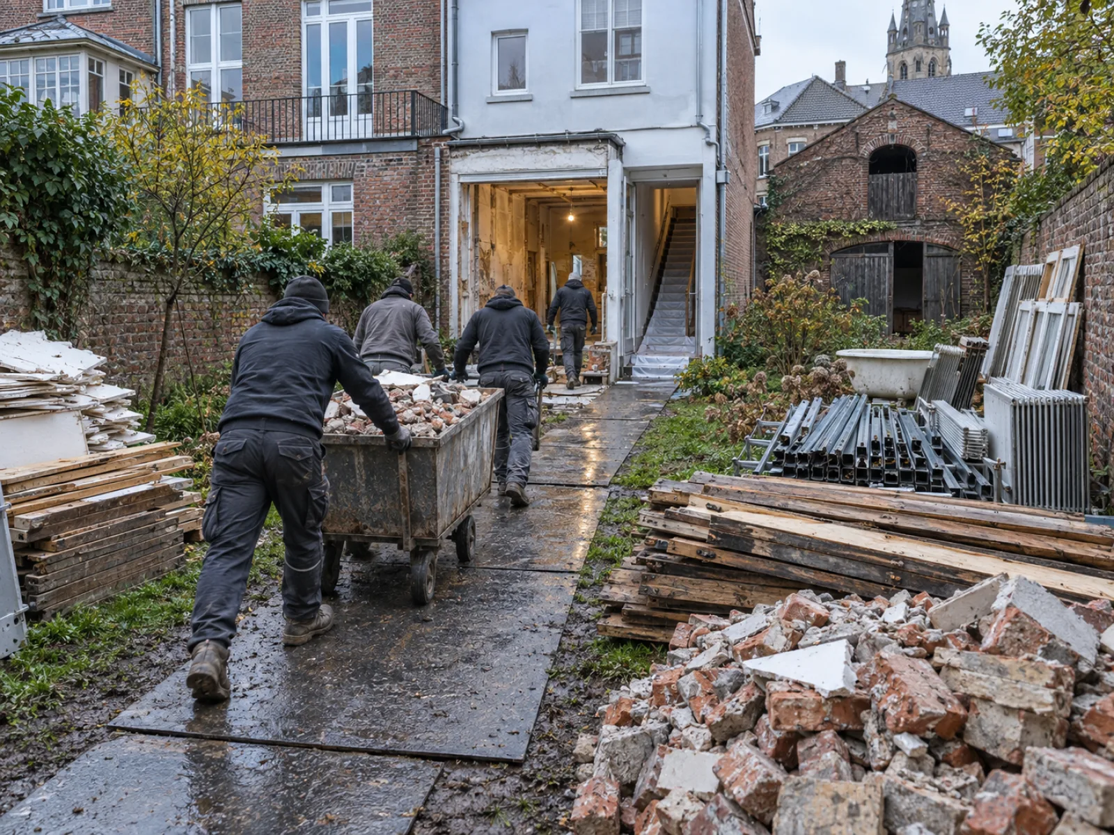 Tijdens de werken — Burgerwoning met koetshuis achter een diepe stadstuin leegmaken in Tienen — AI-illustratie
