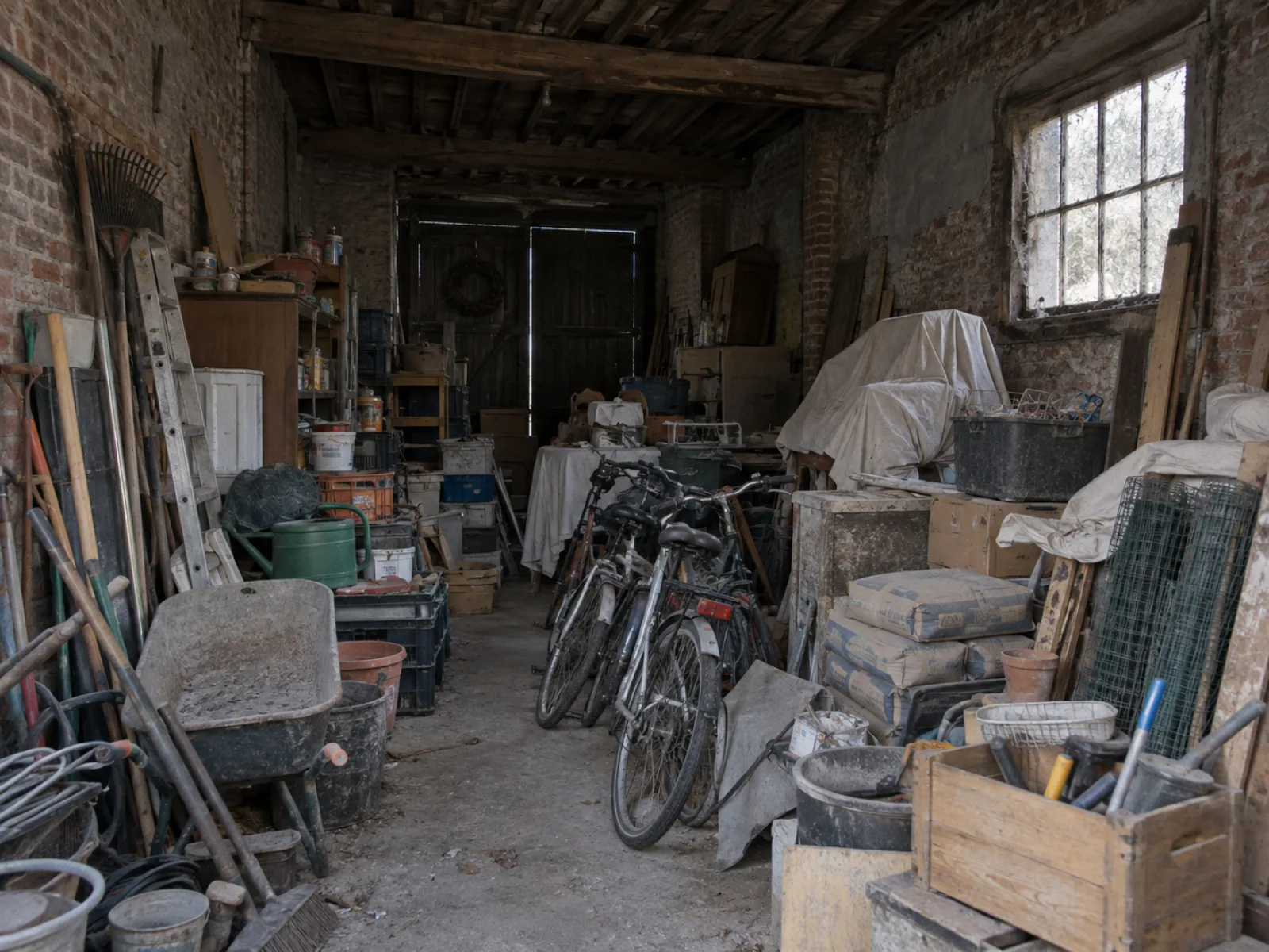 Voor de ontruiming — Burgerwoning met koetshuis achter een diepe stadstuin leegmaken in Tienen — AI-illustratie