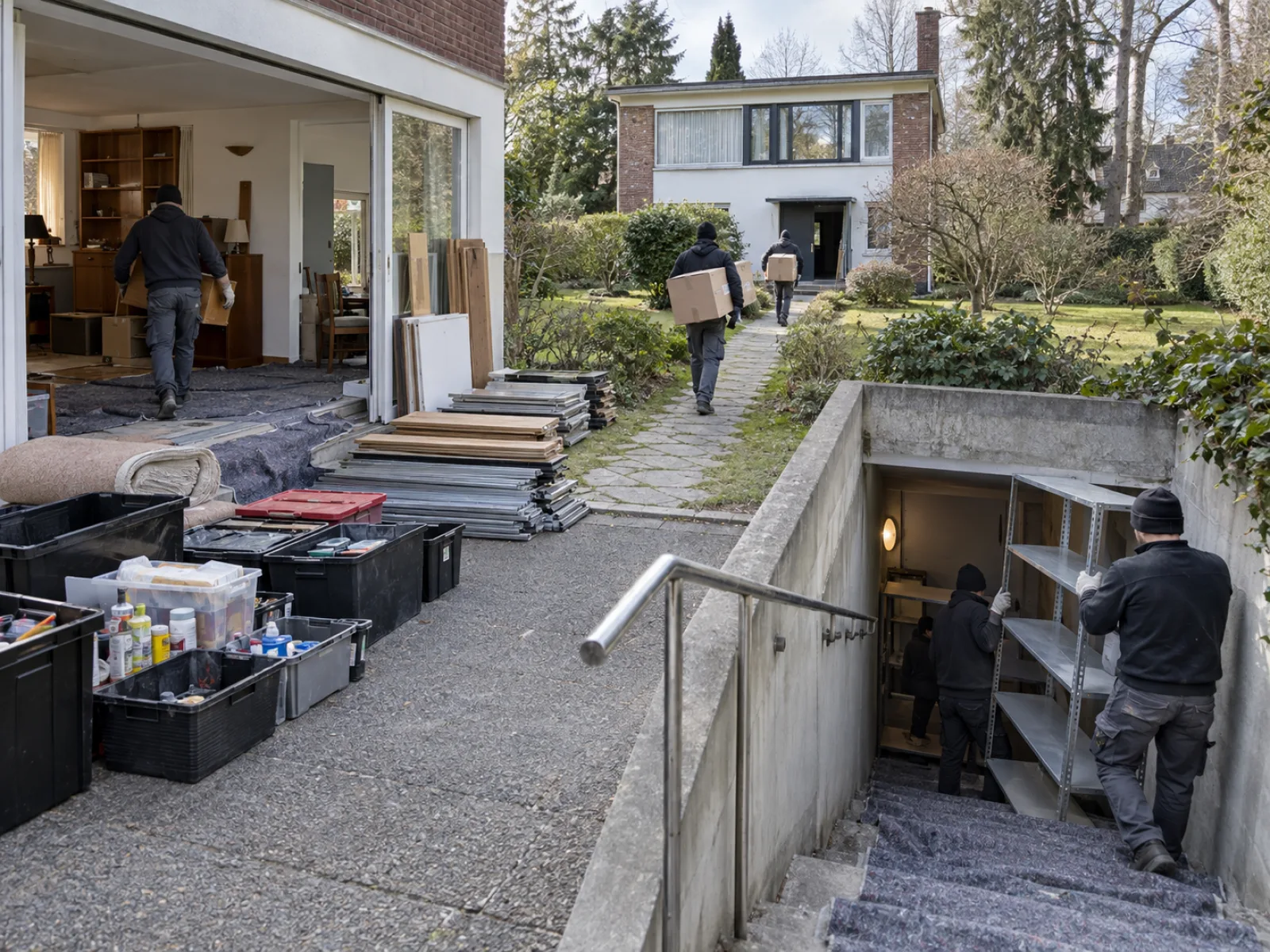 Tijdens de werken — Villa met serre en dubbele kelder ontruimen in Ukkel — AI-illustratie