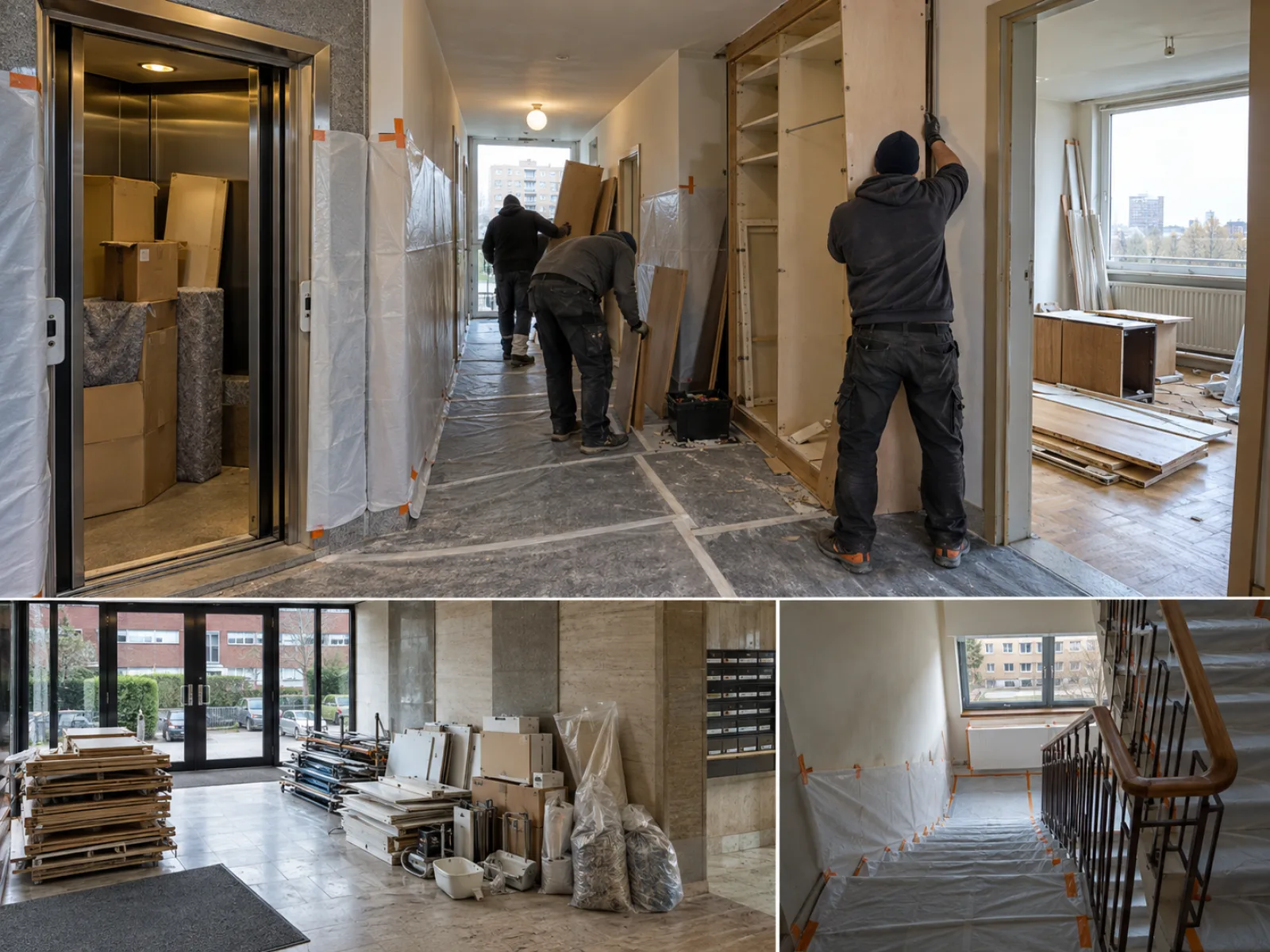 Tijdens de werken — Appartement uit de jaren zeventig ontruimen in Vorst, met een lift die te klein was — AI-illustratie