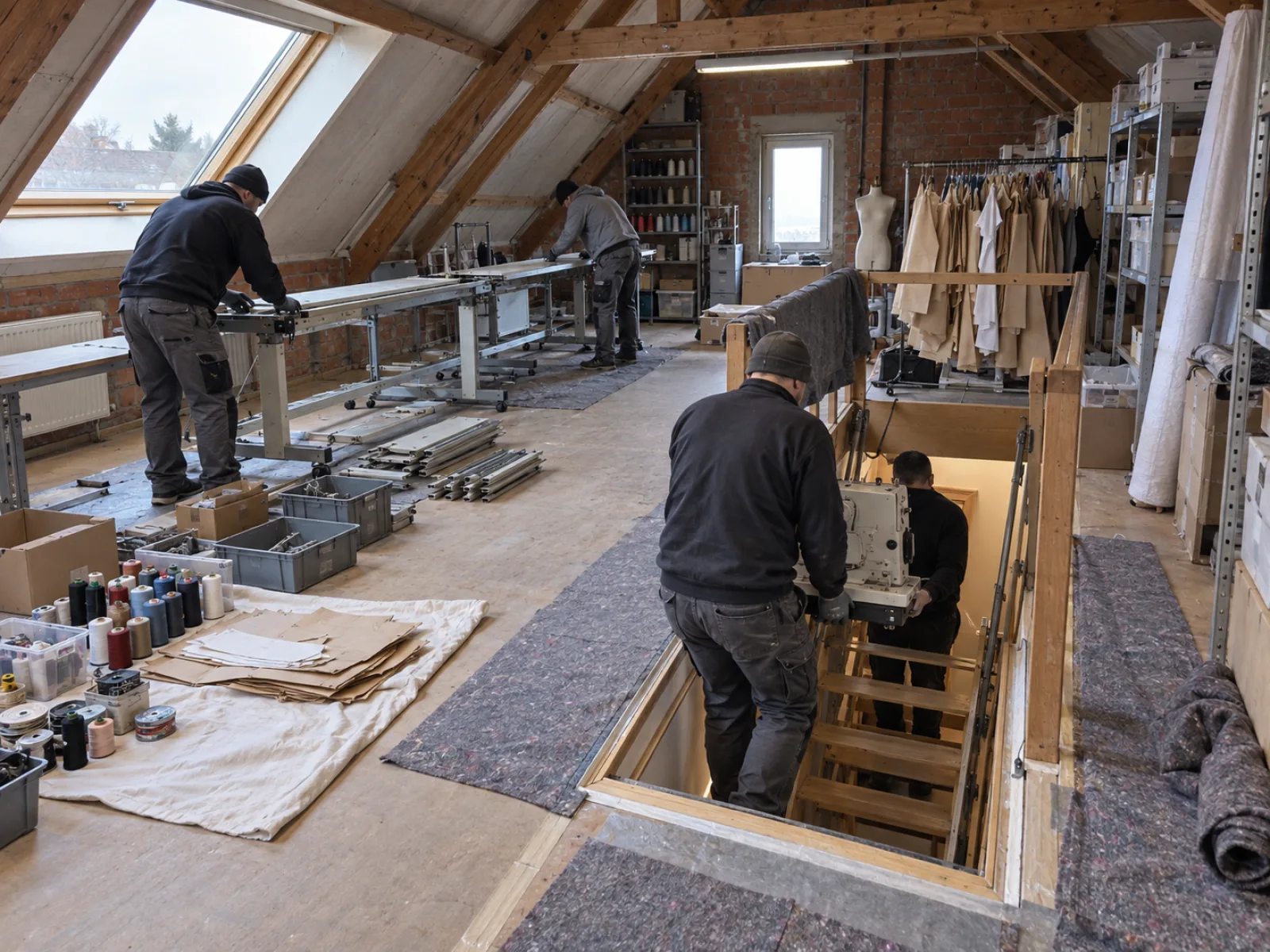 Tijdens de werken — Zolderatelier van een thuisconfectienaaister leegmaken in Wevelgem — AI-illustratie