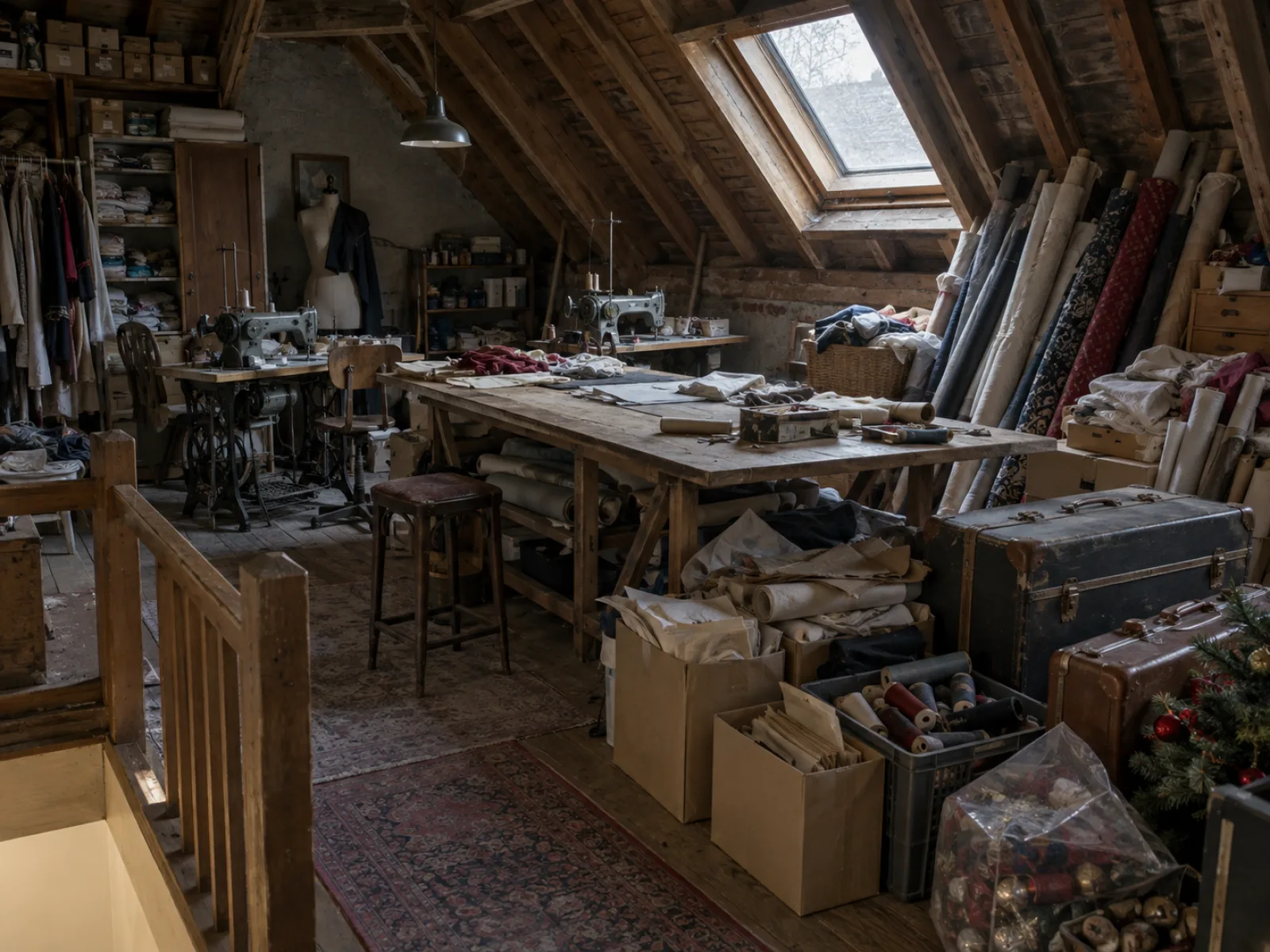 Voor de ontruiming — Zolderatelier van een thuisconfectienaaister leegmaken in Wevelgem — AI-illustratie