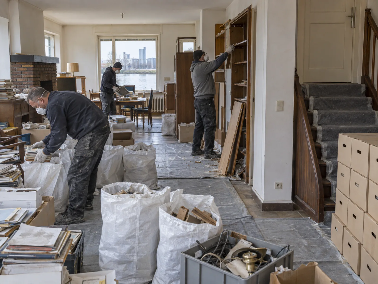 Tijdens de werken — Vochtige kelder van een dienstwoning leegmaken in Willebroek — AI-illustratie