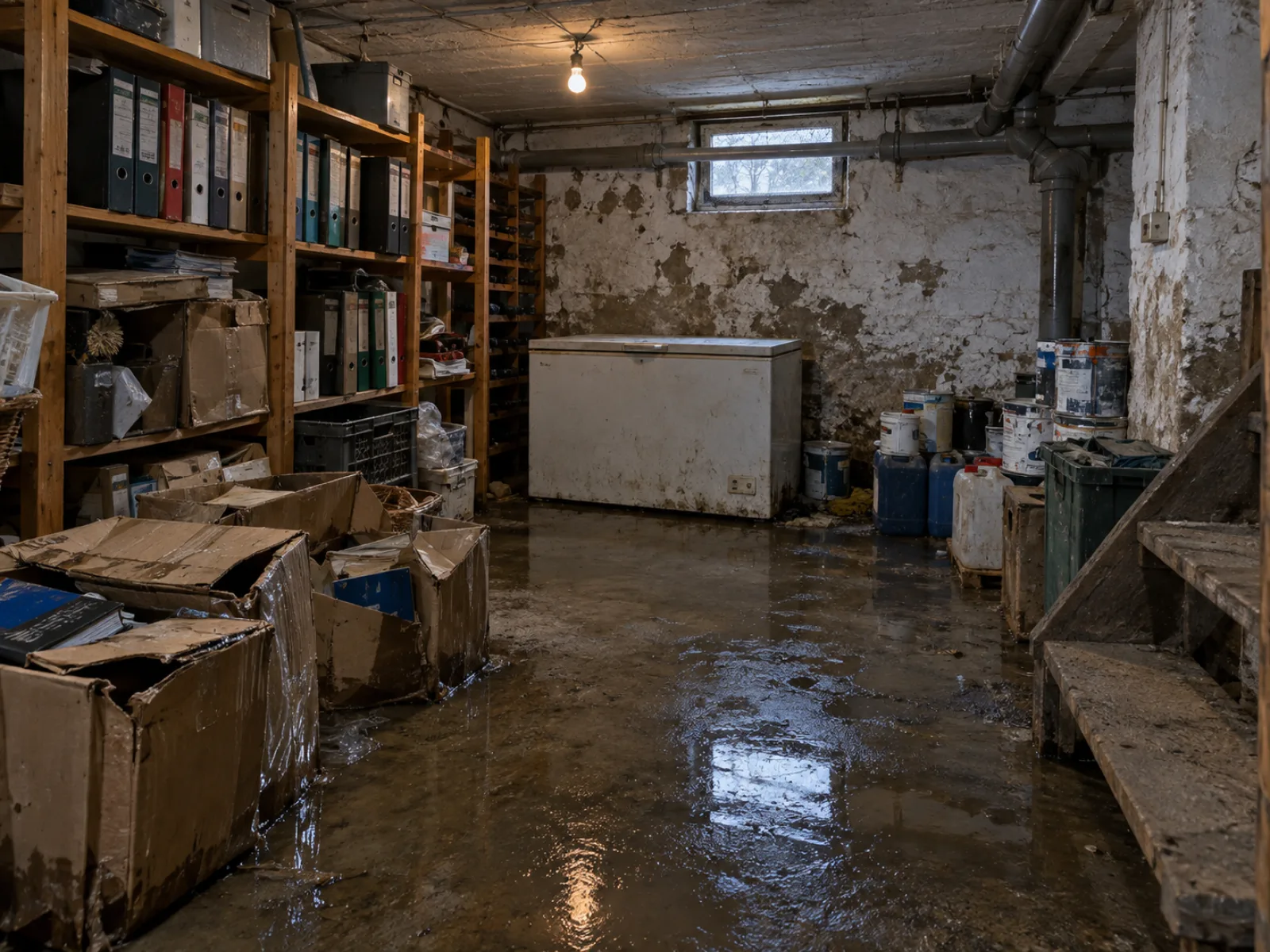 Voor de ontruiming — Vochtige kelder van een dienstwoning leegmaken in Willebroek — AI-illustratie