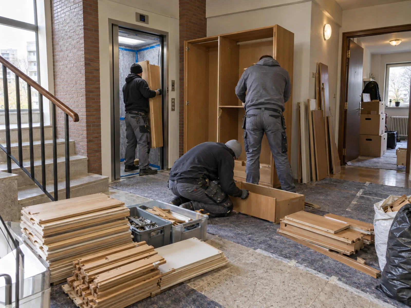 Tijdens de werken — Seniorenflat met kelderberging ontruimen in Sint-Lambrechts-Woluwe — AI-illustratie
