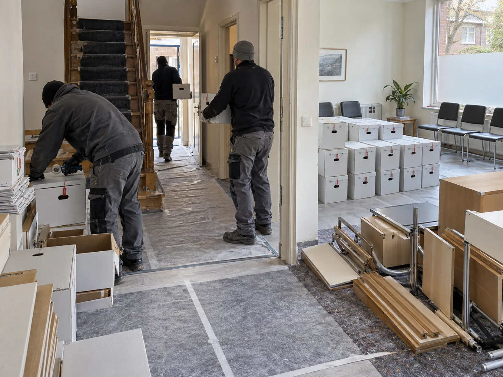 Tijdens de werken — Dokterspraktijk met patiëntenarchief ontruimen in Zottegem — AI-illustratie